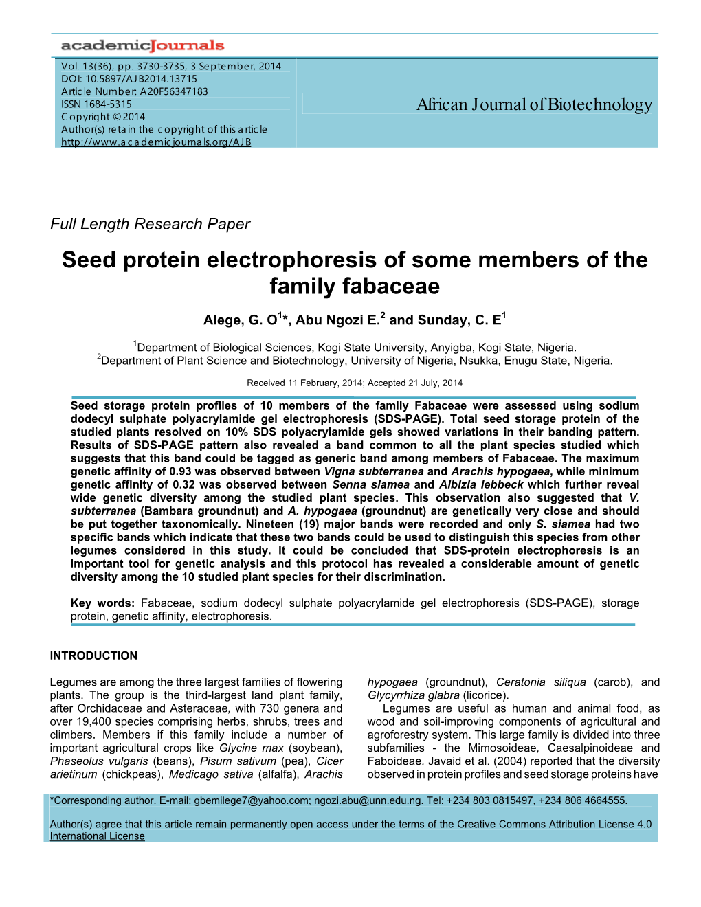 Seed Protein Electrophoresis of Some Members of the Family Fabaceae