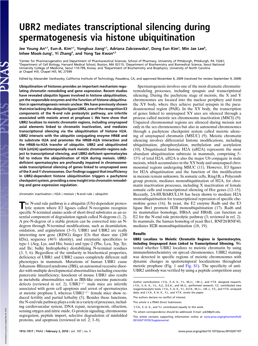 UBR2 Mediates Transcriptional Silencing During Spermatogenesis Via Histone Ubiquitination