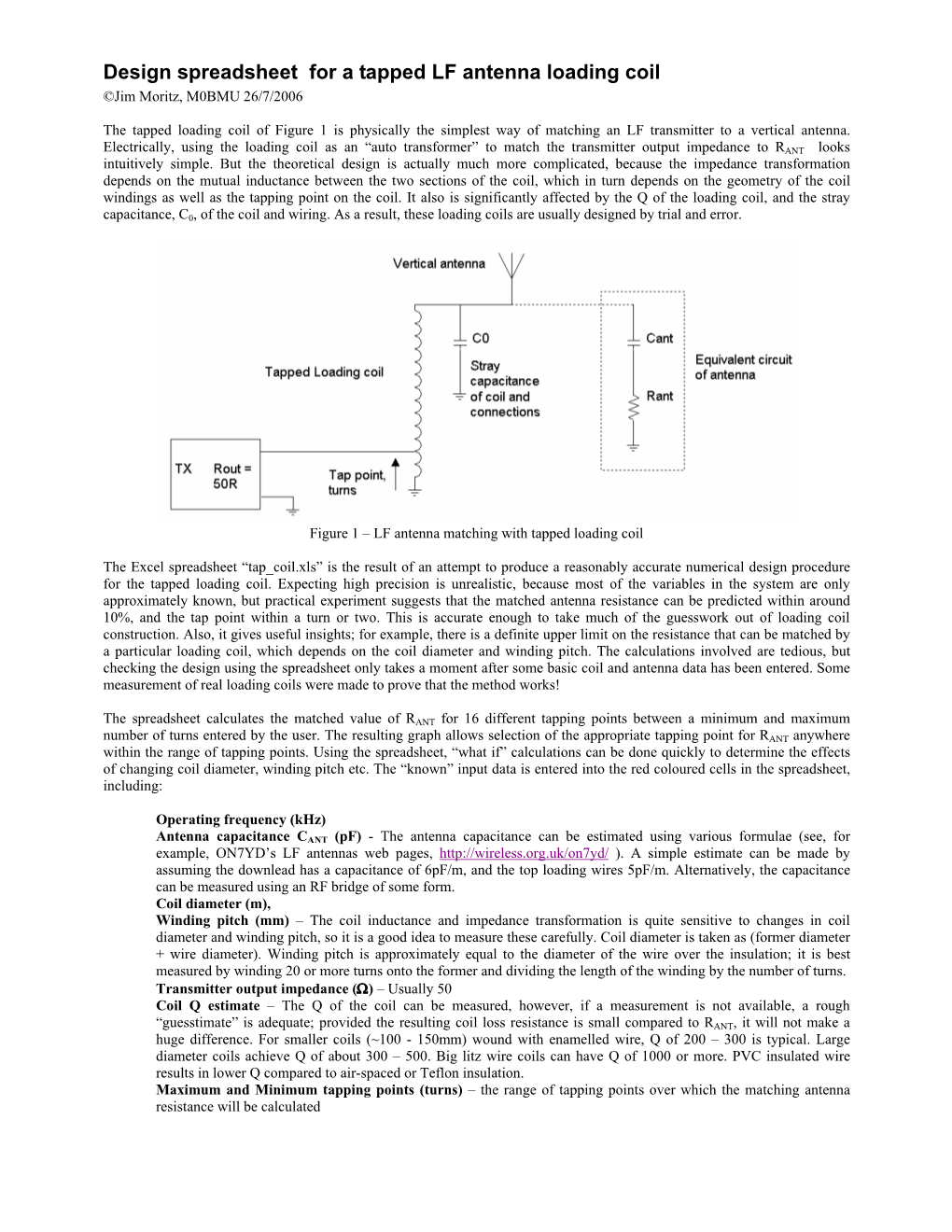 Design Spreadsheet for a Tapped LF Antenna Loading Coil ©Jim Moritz, M0BMU 26/7/2006