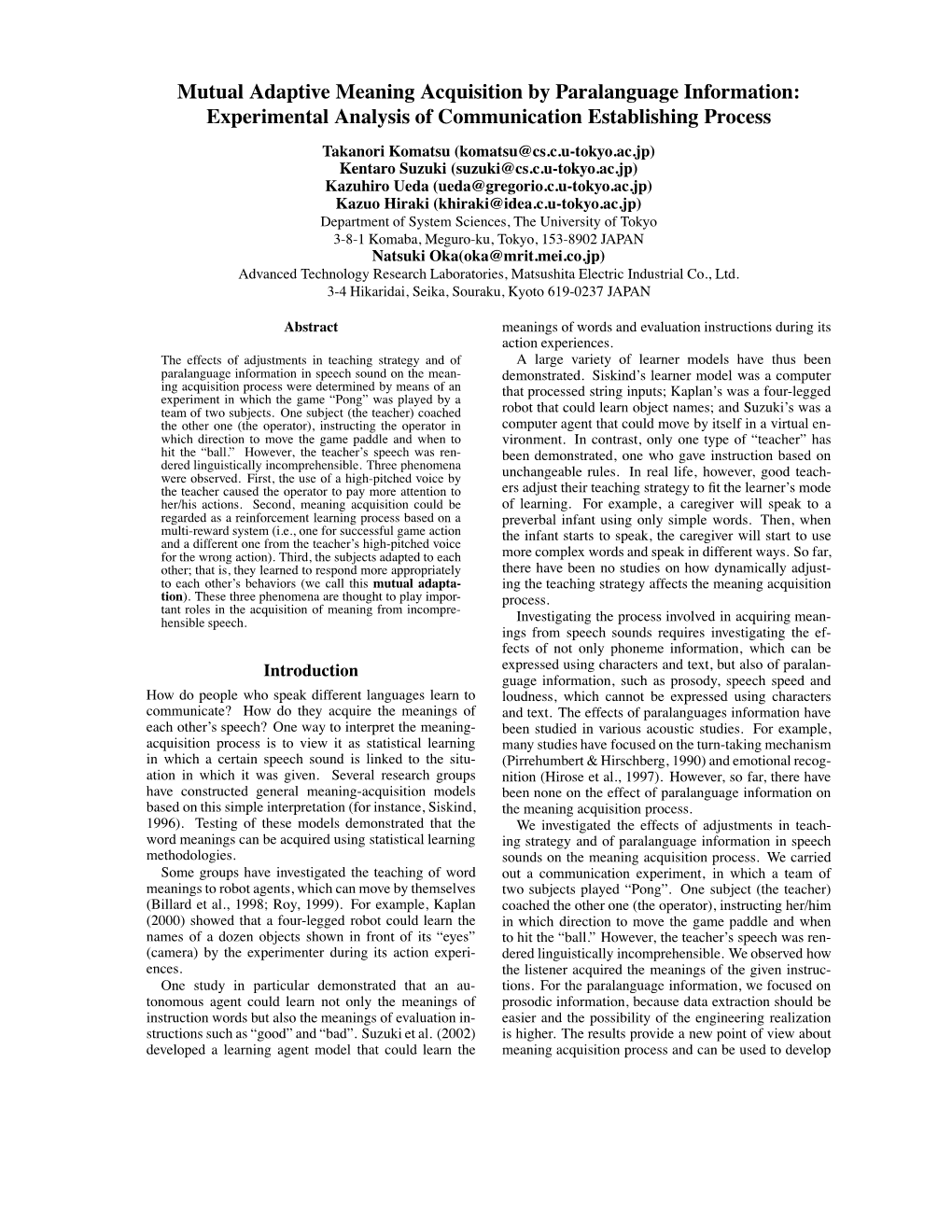 Mutual Adaptive Meaning Acquisition by Paralanguage Information: Experimental Analysis of Communication Establishing Process