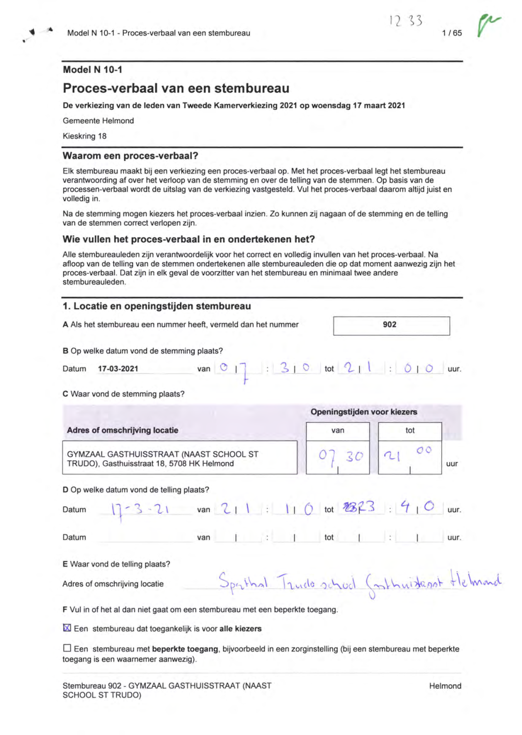 Proces-Verbaal Van Een Stembureau 1 / 65 %