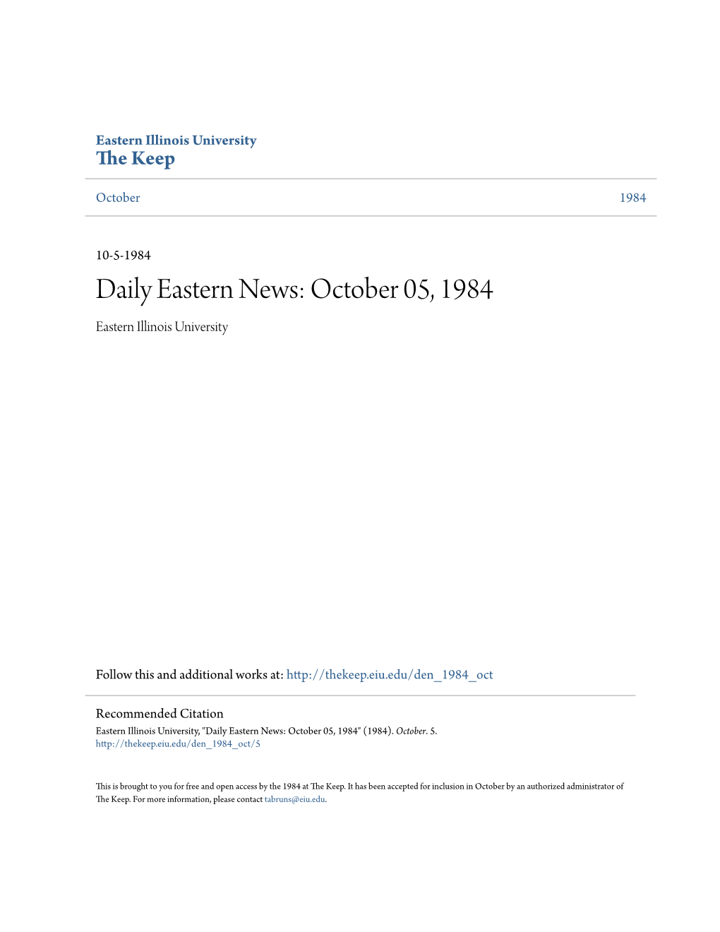 Astern News: October 05, 1984 Eastern Illinois University