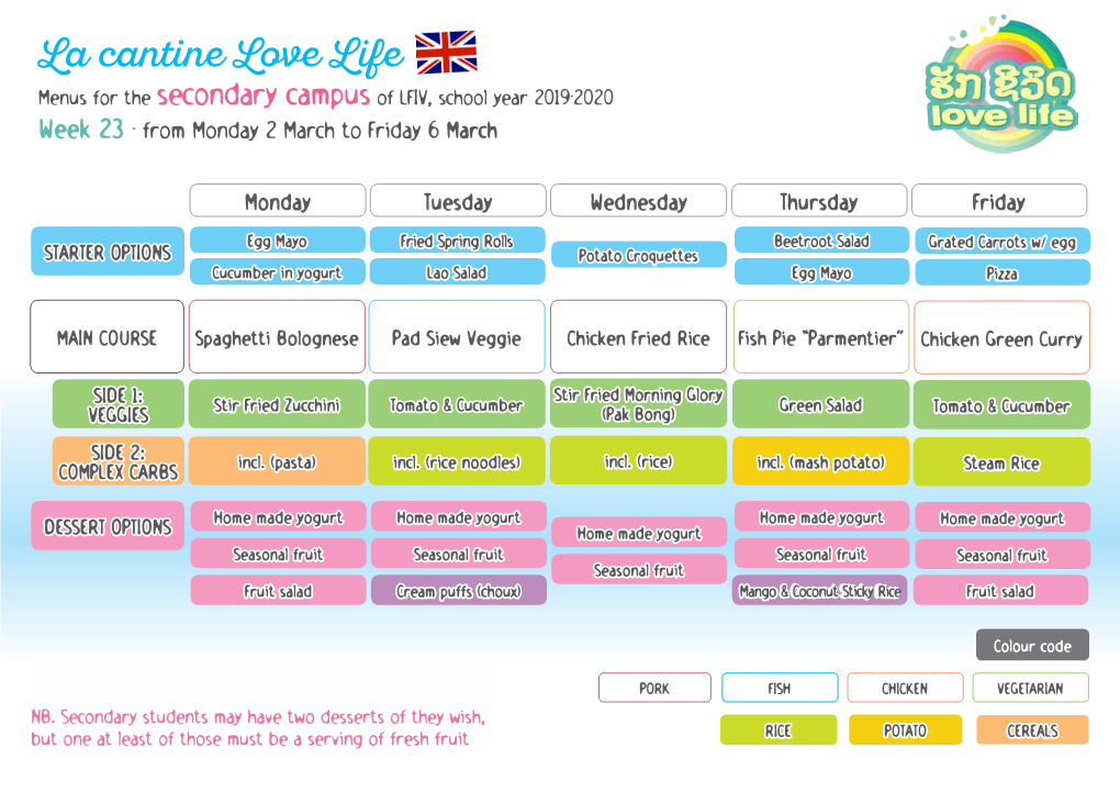 La Cantine Love Life Menus for the Secondary Campus of LFIV, School Year 2019-2020 Week 23 - from Monday 2 March to Friday 6 March