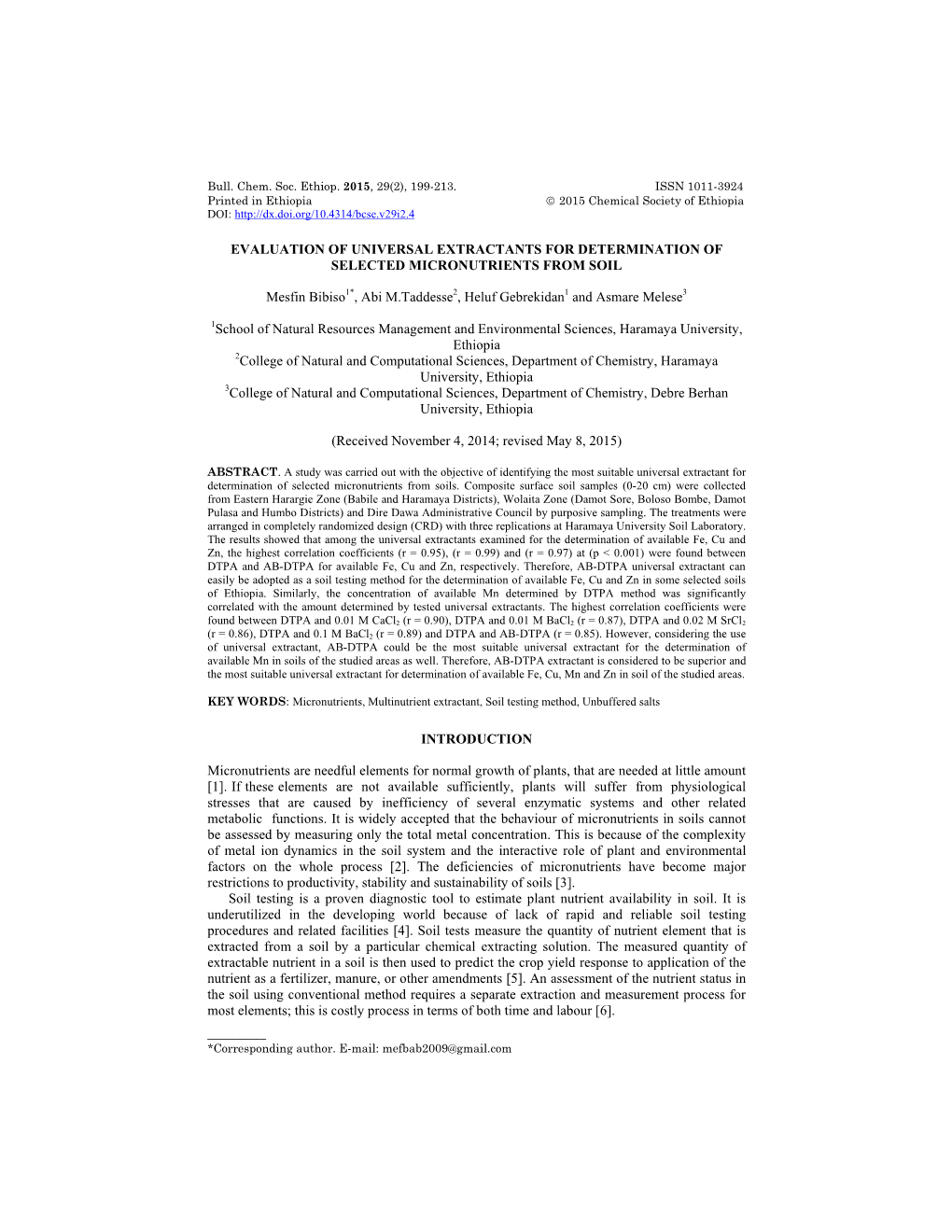 Evaluation of Universal Extractants for Determination of Selected Micronutrients from Soil