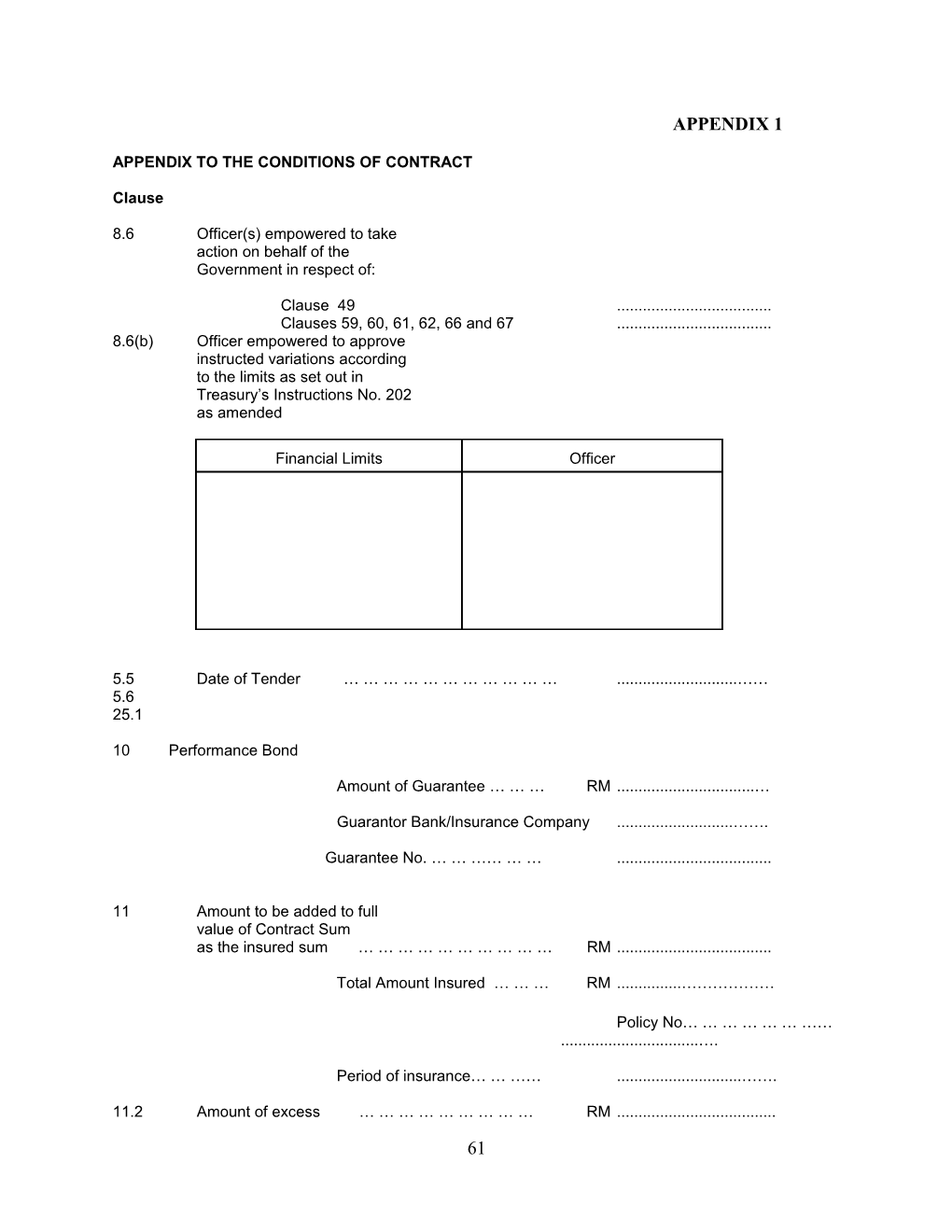 Appendix to the Conditions of Contract