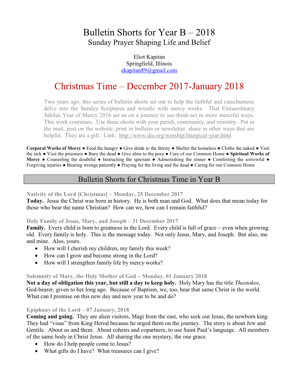 Bulletin Shorts for Year B – 2018 Christmas Time – December 2017