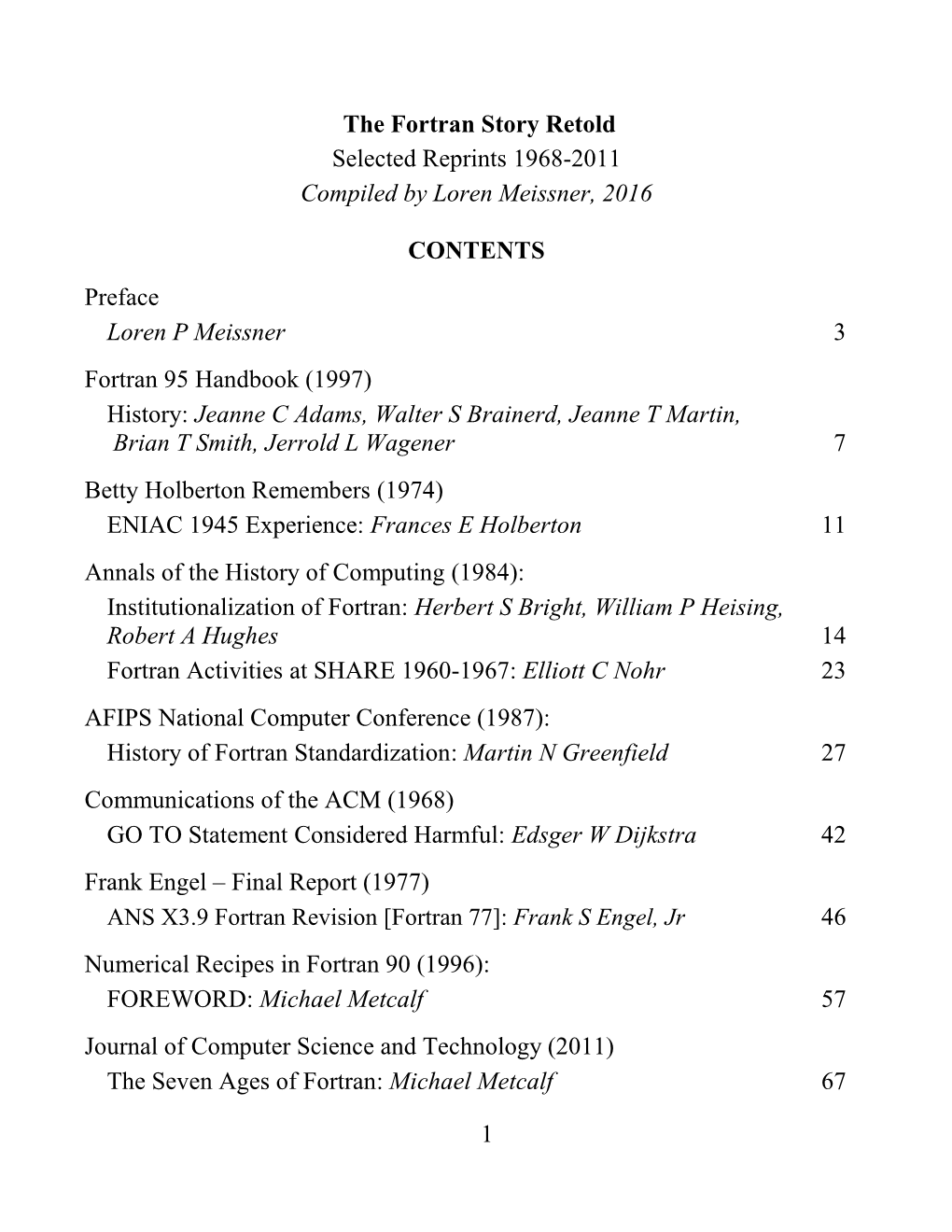 1 the Fortran Story Retold Selected Reprints 1968-2011 Compiled By