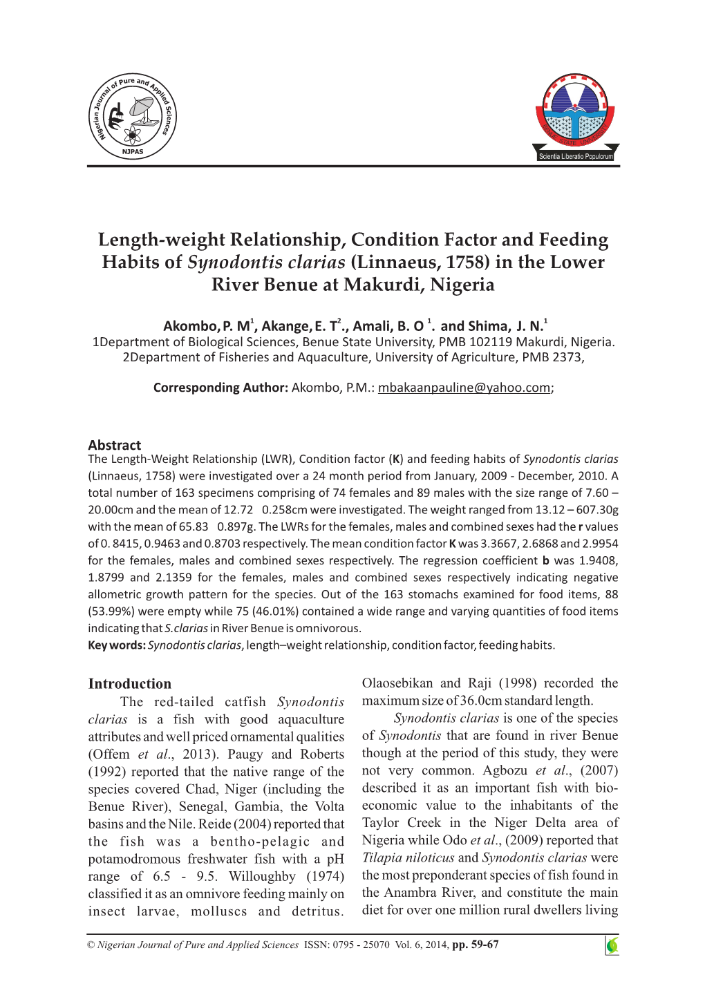 Length-Weight Relationship, Condition Factor and Feeding Habits of Synodontis Clarias (Linnaeus, 1758) in the Lower River Benue at Makurdi, Nigeria
