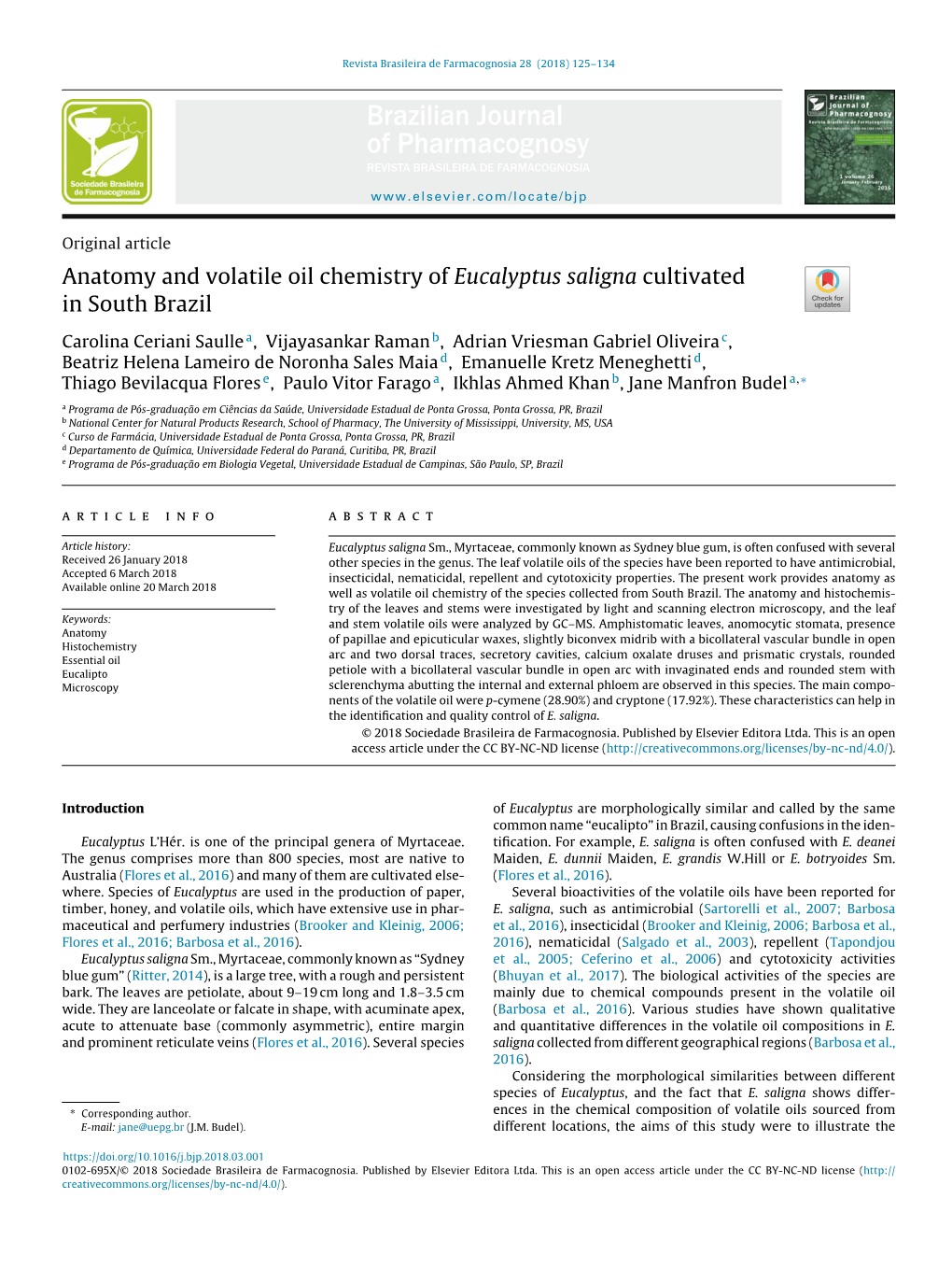 Anatomy and Volatile Oil Chemistry of Eucalyptus Saligna Cultivated in South Brazil