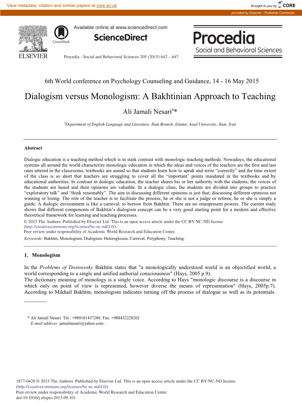 Dialogism Versus Monologism: a Bakhtinian Approach to Teaching