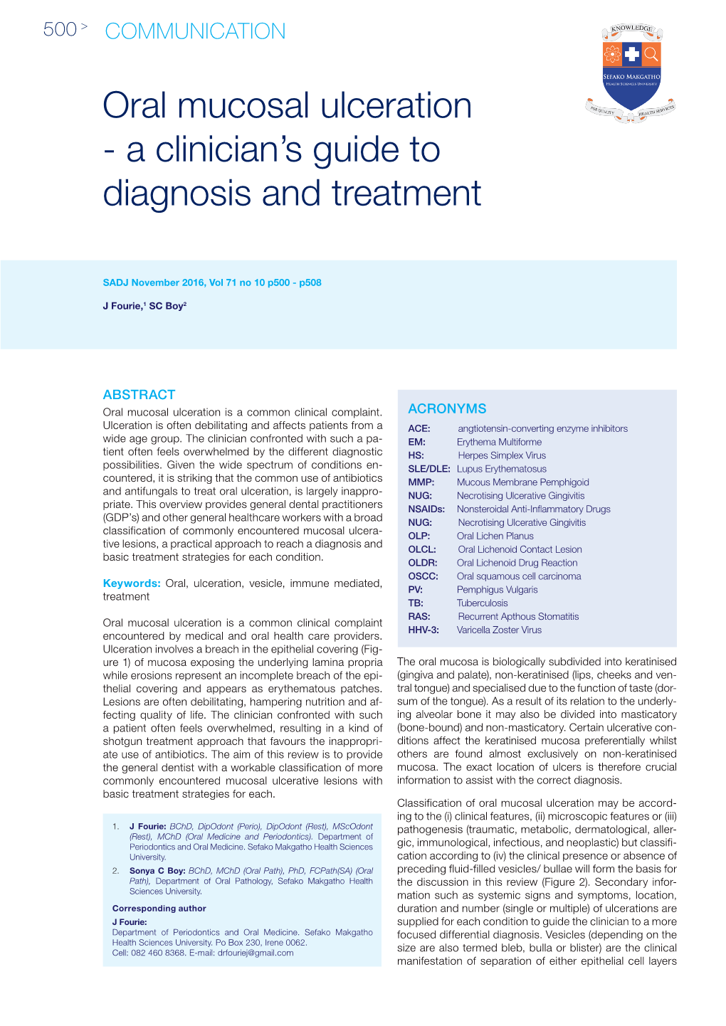 Oral Mucosal Ulceration - a Clinician’S Guide to Diagnosis and Treatment