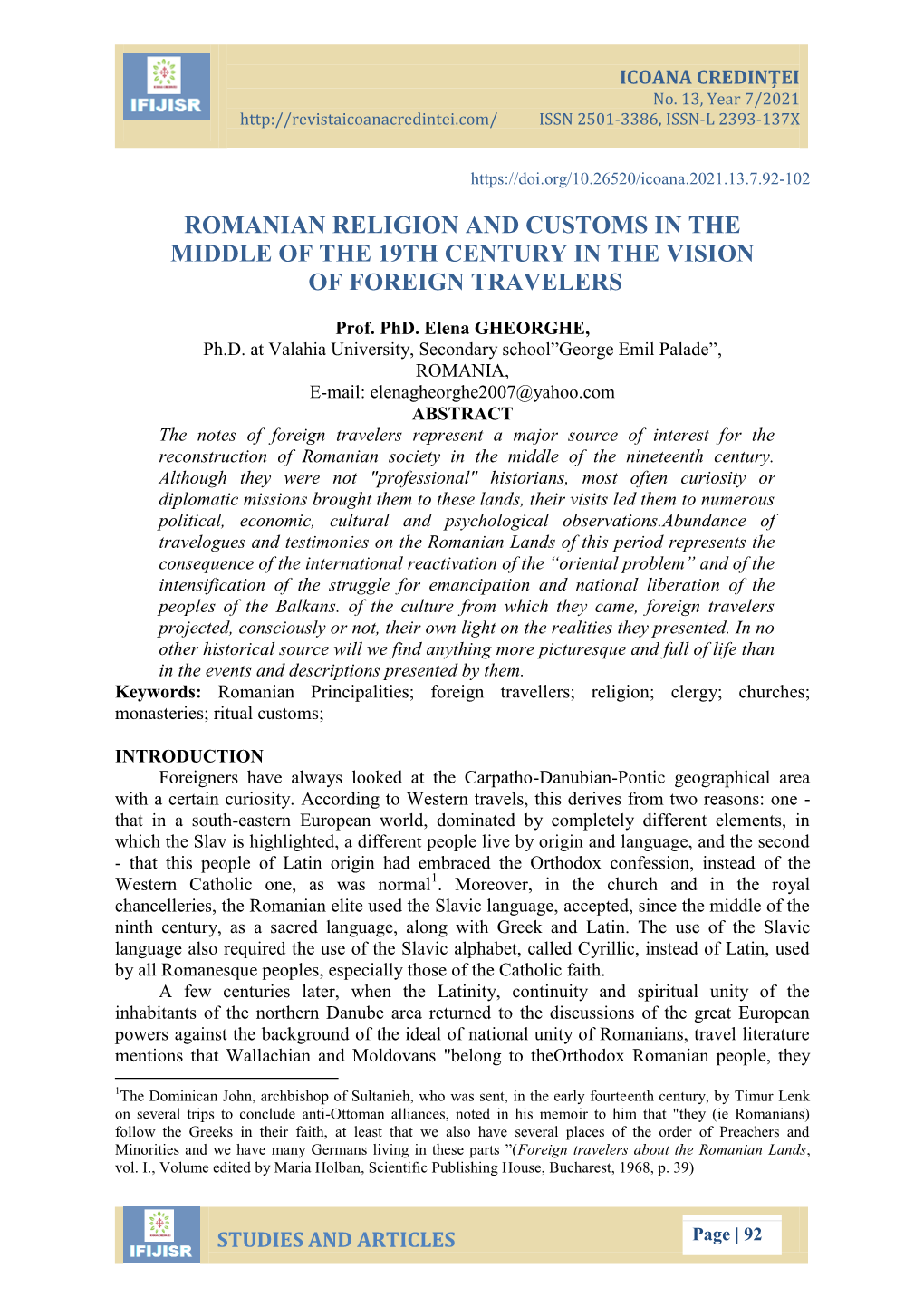 Romanian Religion and Customs in the Middle of the 19Th Century in the Vision of Foreign Travelers