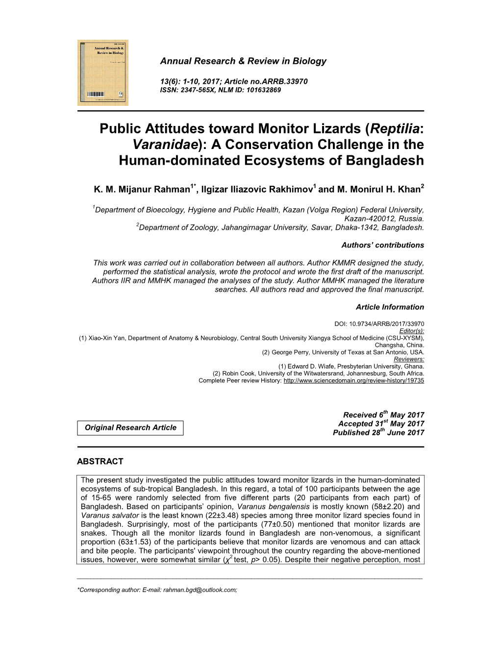 Public Attitudes Toward Monitor Lizards (Reptilia: Varanidae): a Conservation Challenge in the Human-Dominated Ecosystems of Bangladesh