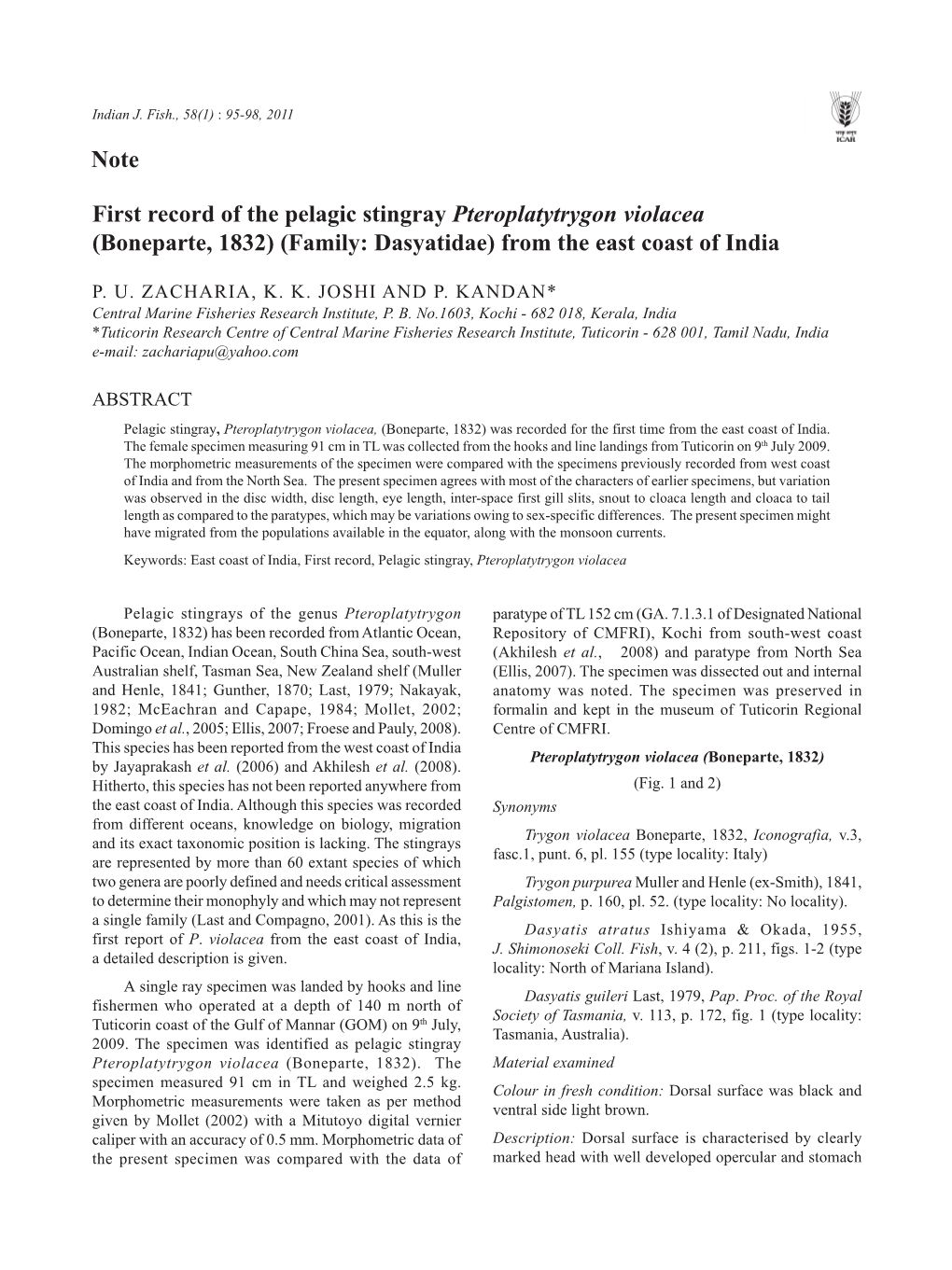 First Record of the Pelagic Stingray Pteroplatytrygon Violacea (Boneparte, 1832) (Family: Dasyatidae) from the East Coast of India