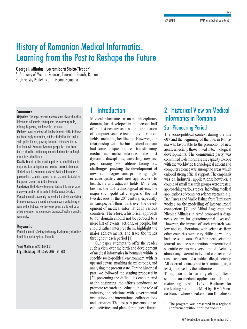 History of Romanian Medical Informatics: Learning from the Past to Reshape the Future George I