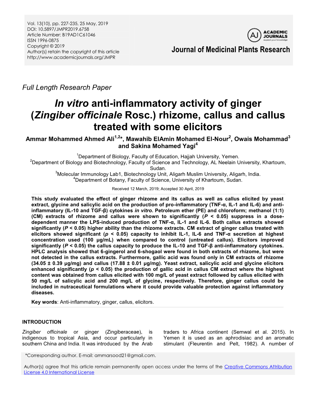 In Vitro Anti-Inflammatory Activity of Ginger (Zingiber Officinale Rosc.) Rhizome, Callus and Callus Treated with Some Elicitors