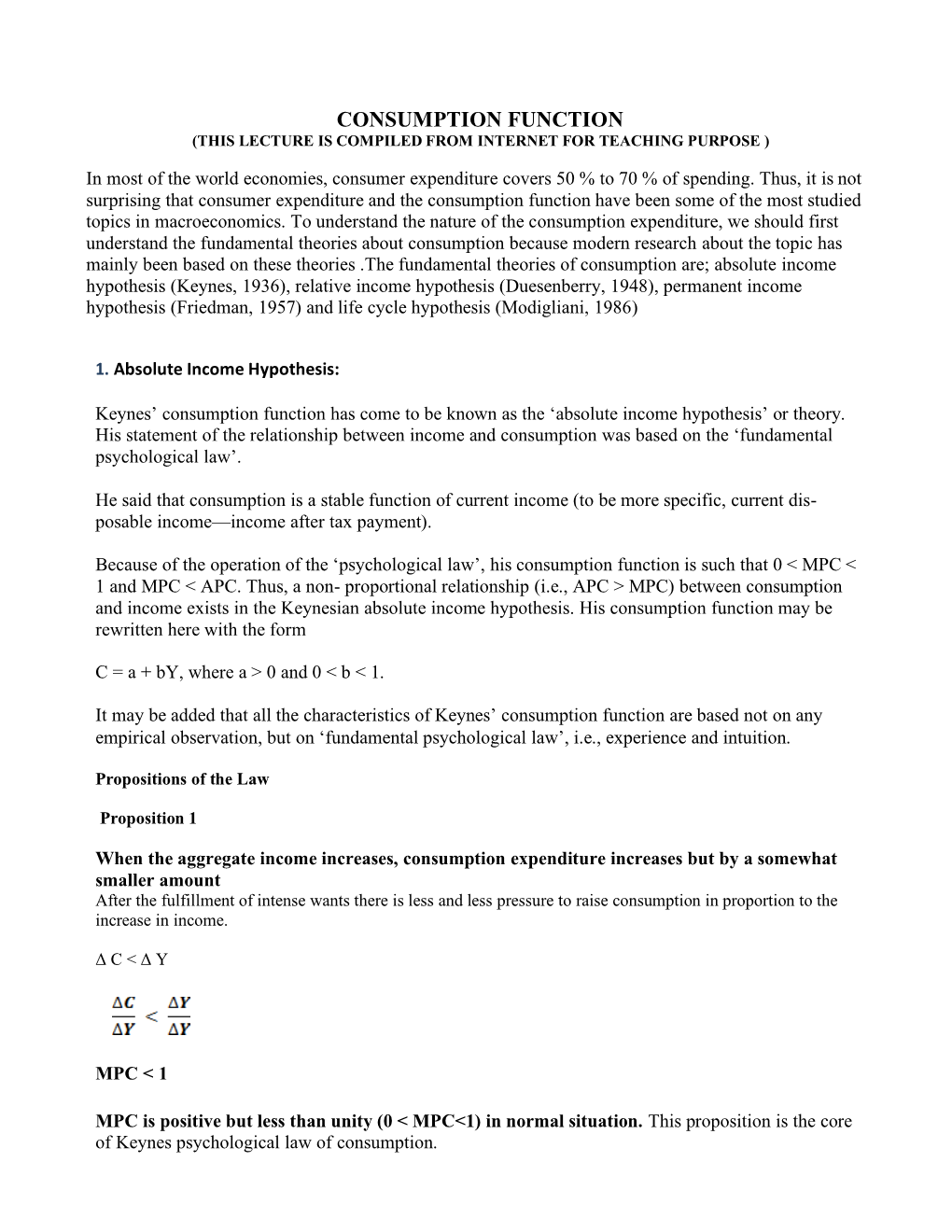 Consumption Function (This Lecture Is Compiled from Internet for Teaching Purpose )