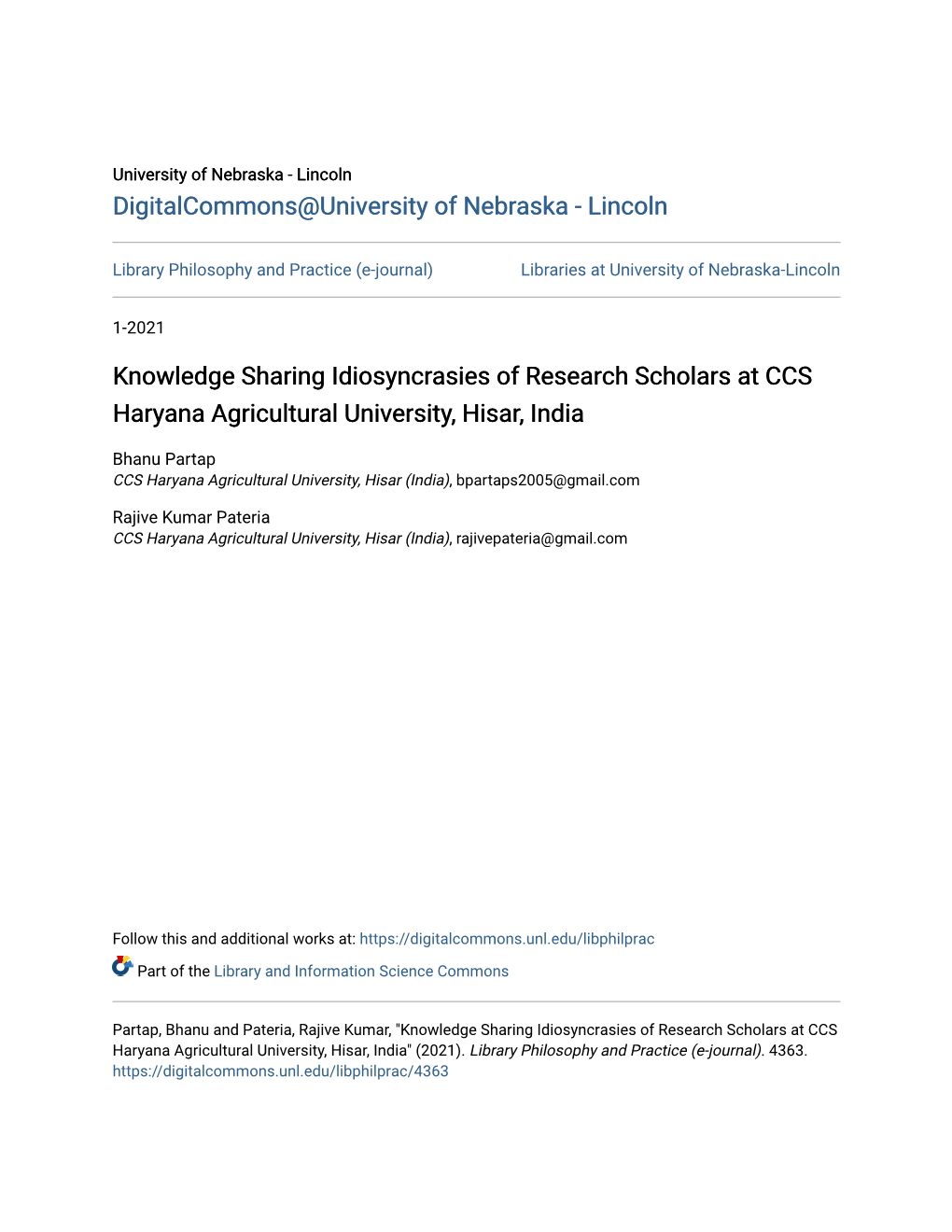 Knowledge Sharing Idiosyncrasies of Research Scholars at CCS Haryana Agricultural University, Hisar, India