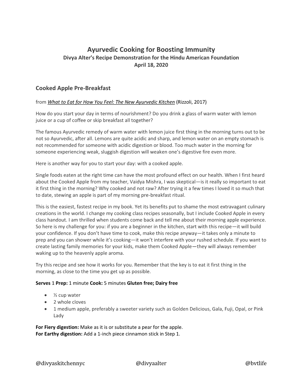 Ayurvedic Cooking for Boosting Immunity Divya Alter’S Recipe Demonstration for the Hindu American Foundation April 18, 2020