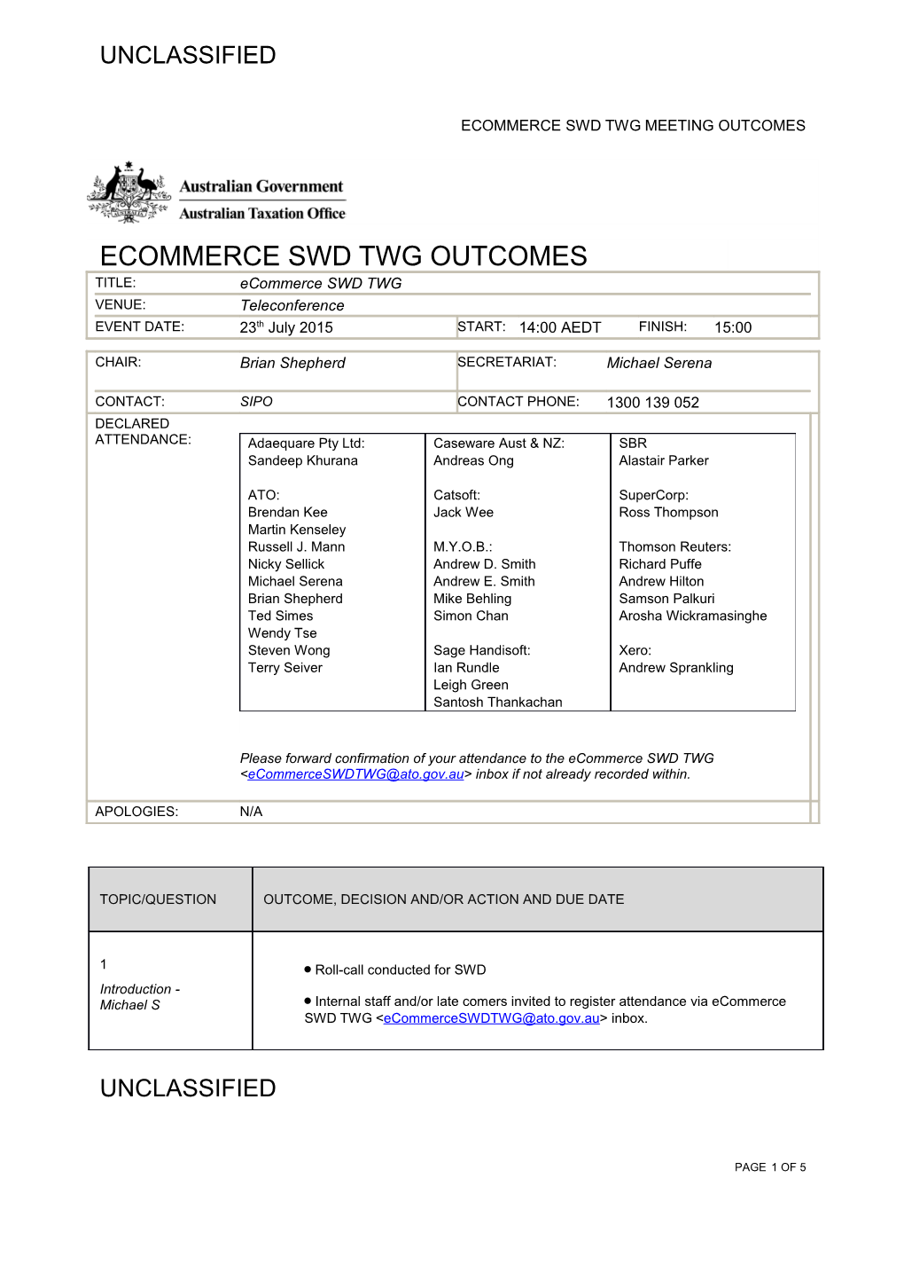 Ecommerce SWD TWG Meeting Outcomes