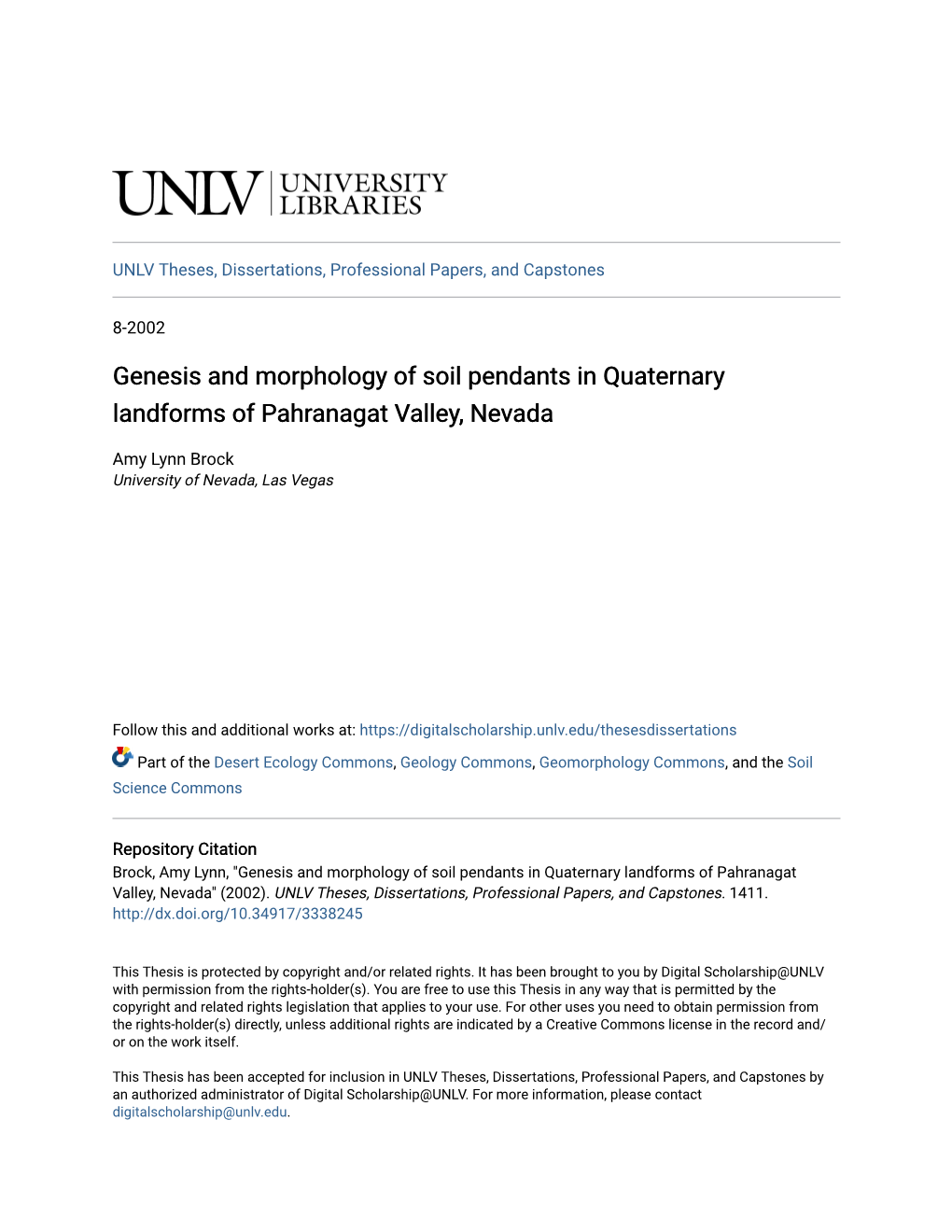 Genesis and Morphology of Soil Pendants in Quaternary Landforms of Pahranagat Valley, Nevada