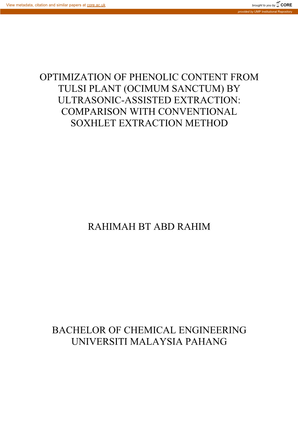 Optimization of Phenolic Content from Tulsi Plant (Ocimum Sanctum) by Ultrasonic-Assisted Extraction: Comparison with Conventional Soxhlet Extraction Method