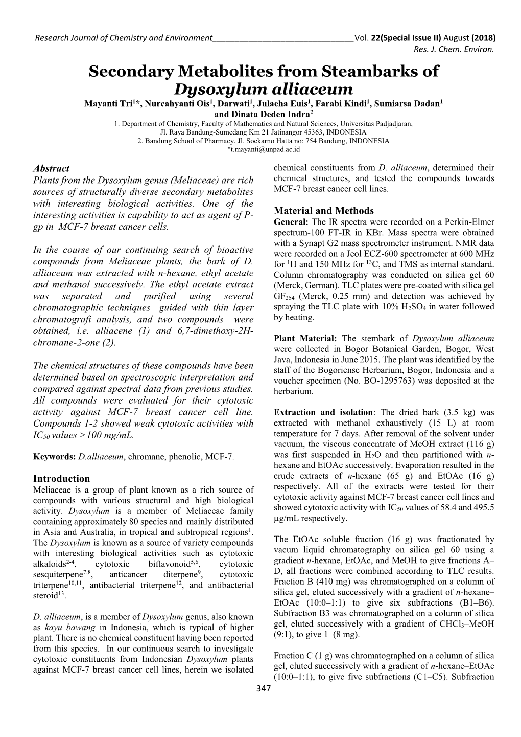 Secondary Metabolites from Steambarks of Dysoxylum Alliaceum