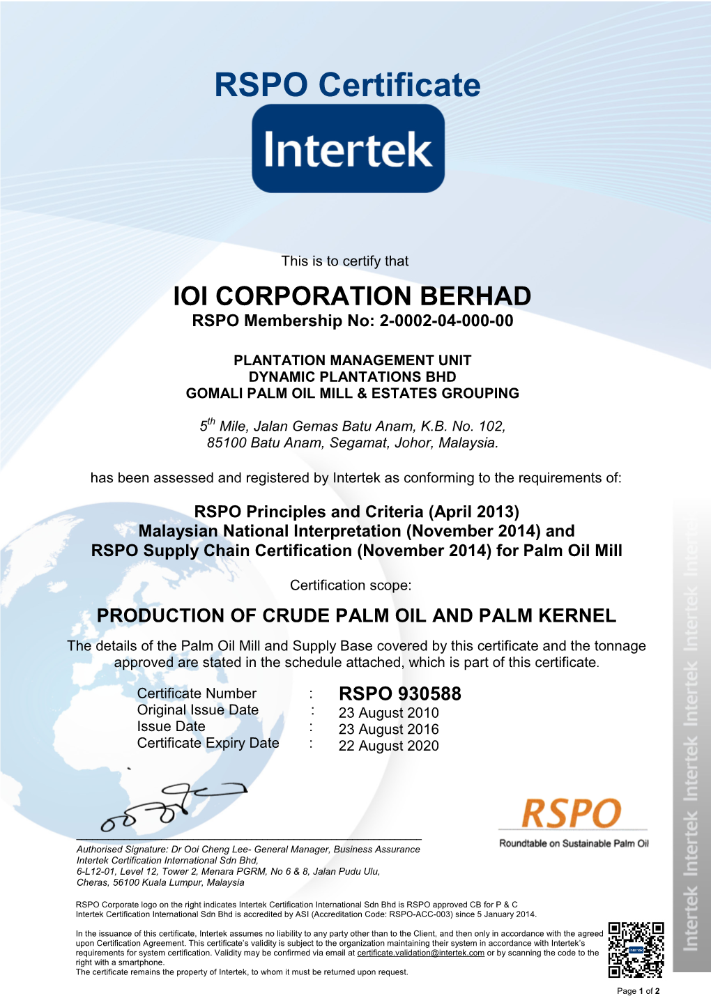 RSPO Certificate
