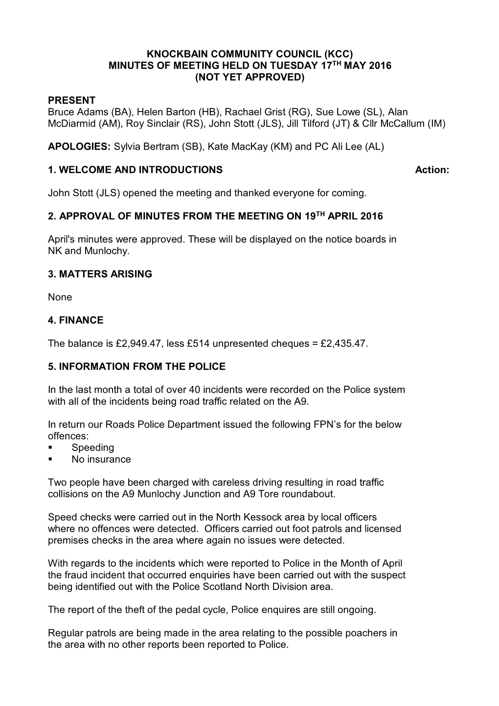 Knockbain Community Council (Kcc) Minutes of Meeting Held on Tuesday 17Th May 2016 (Not Yet Approved)