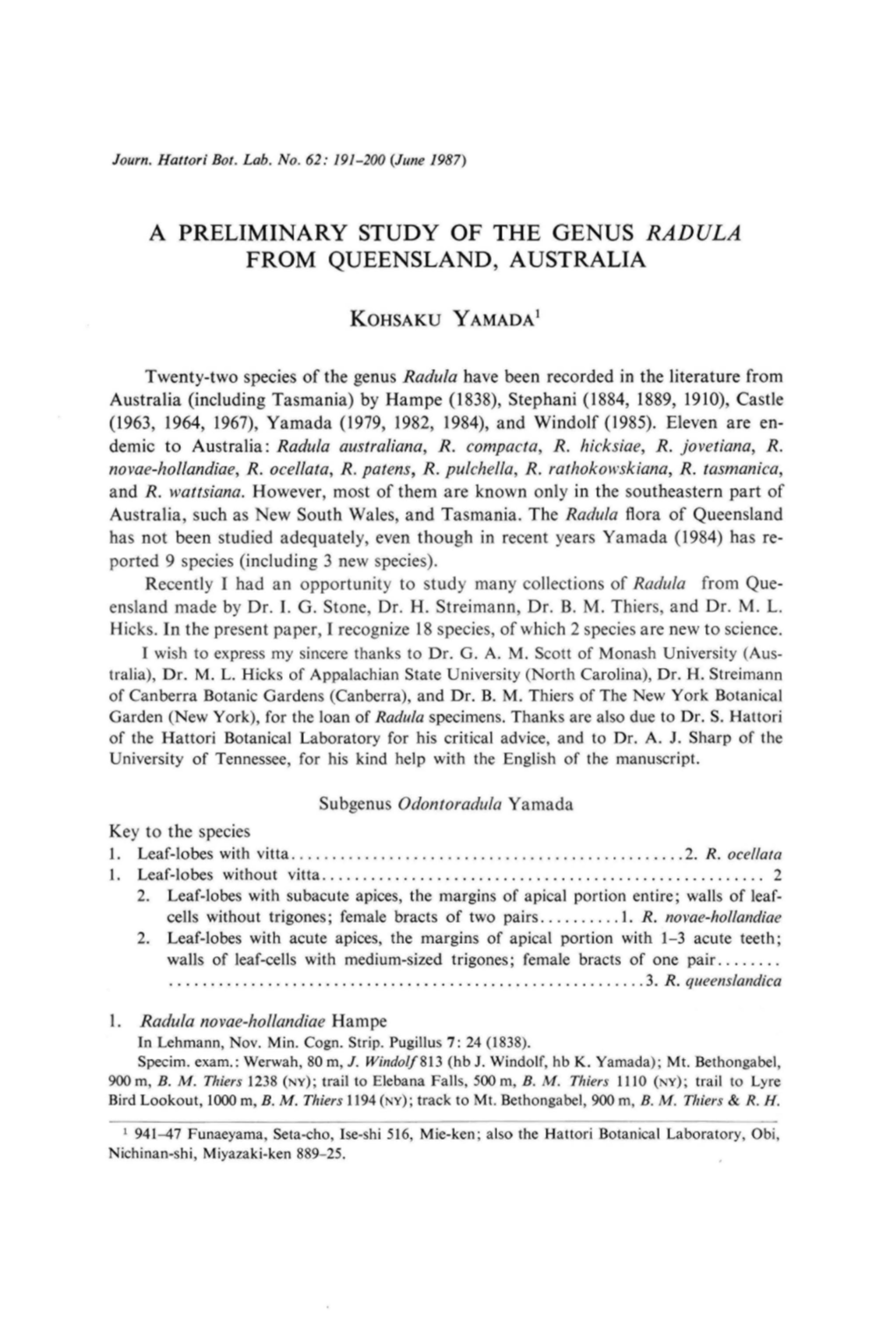 A Preliminary Study of the Genus Radula from Queensland, Australia