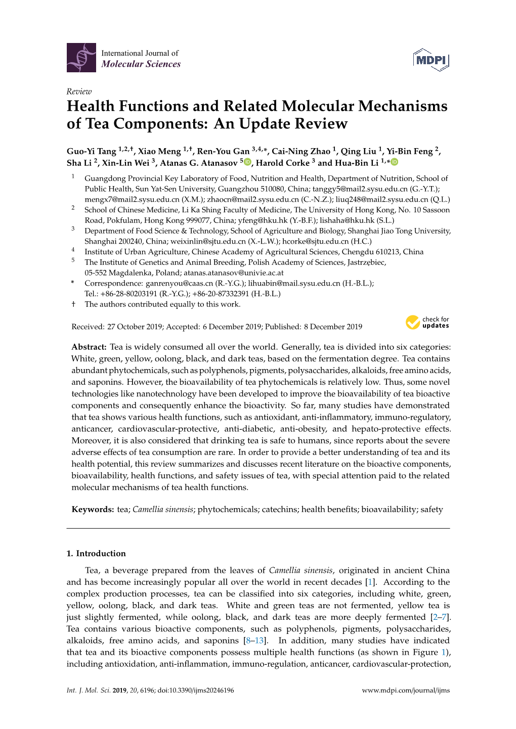 Health Functions and Related Molecular Mechanisms of Tea Components: an Update Review