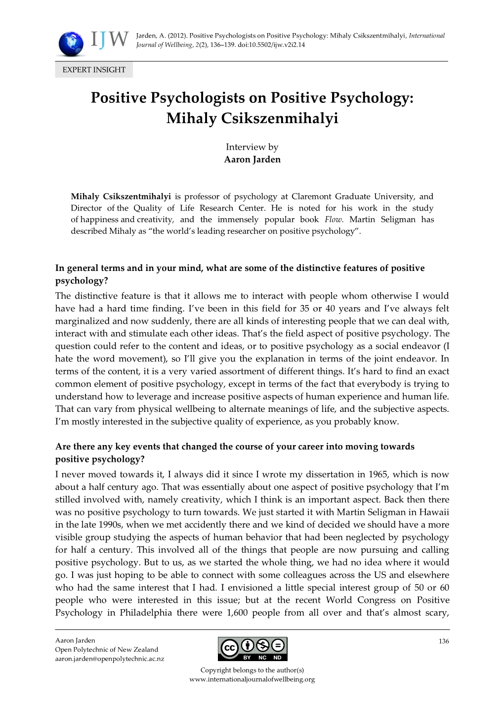Positive Psychologists on Positive Psychology: Mihaly Csikszenmihalyi