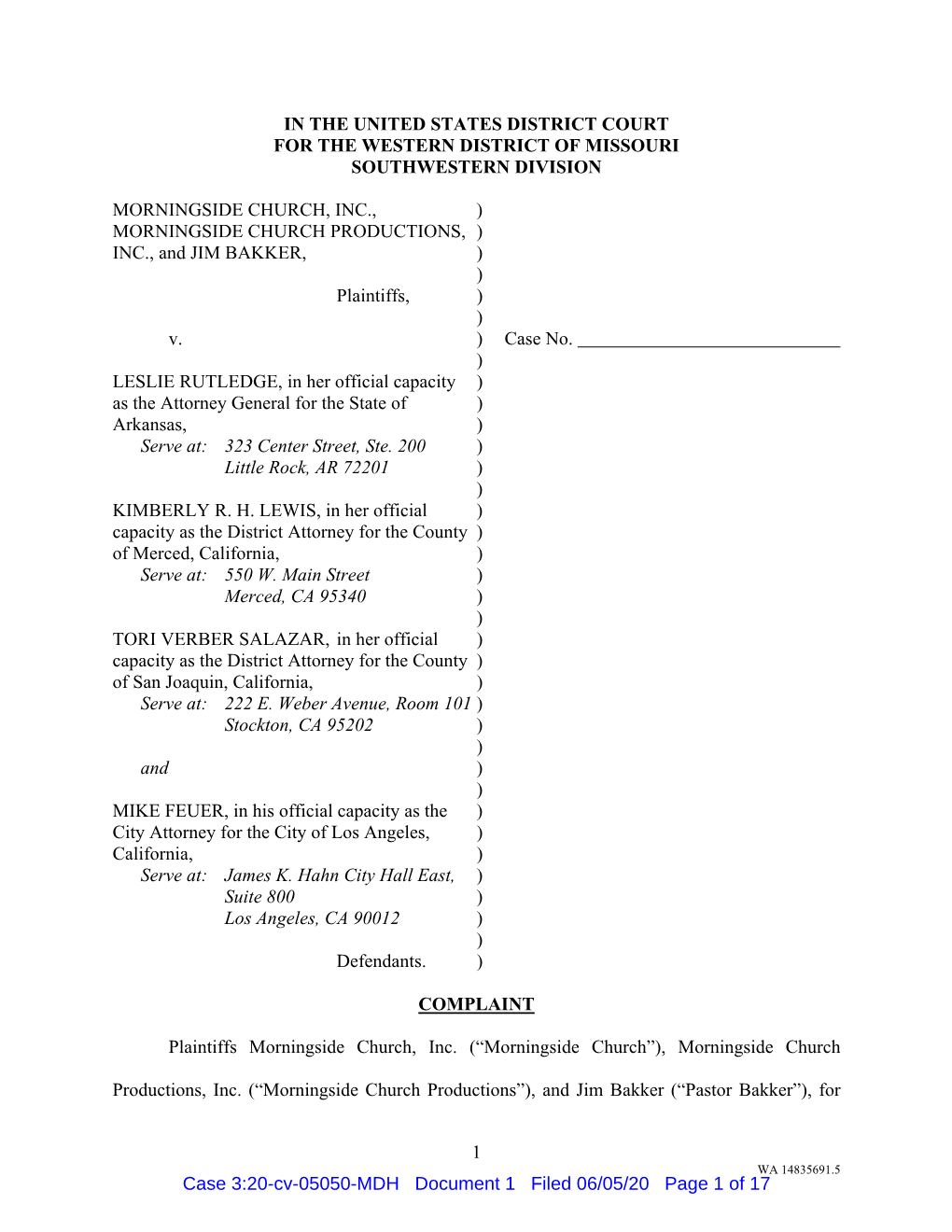 1 in the United States District Court for the Western District of Missouri Southwestern Division Morningside Church, Inc., )