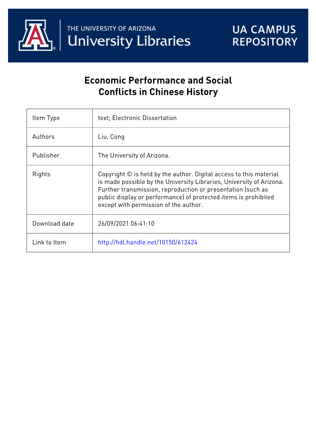 Economic Performance and Social Conflicts in Chinese History By