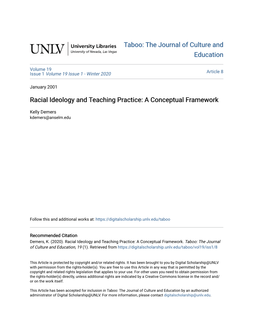 Racial Ideology and Teaching Practice: a Conceptual Framework