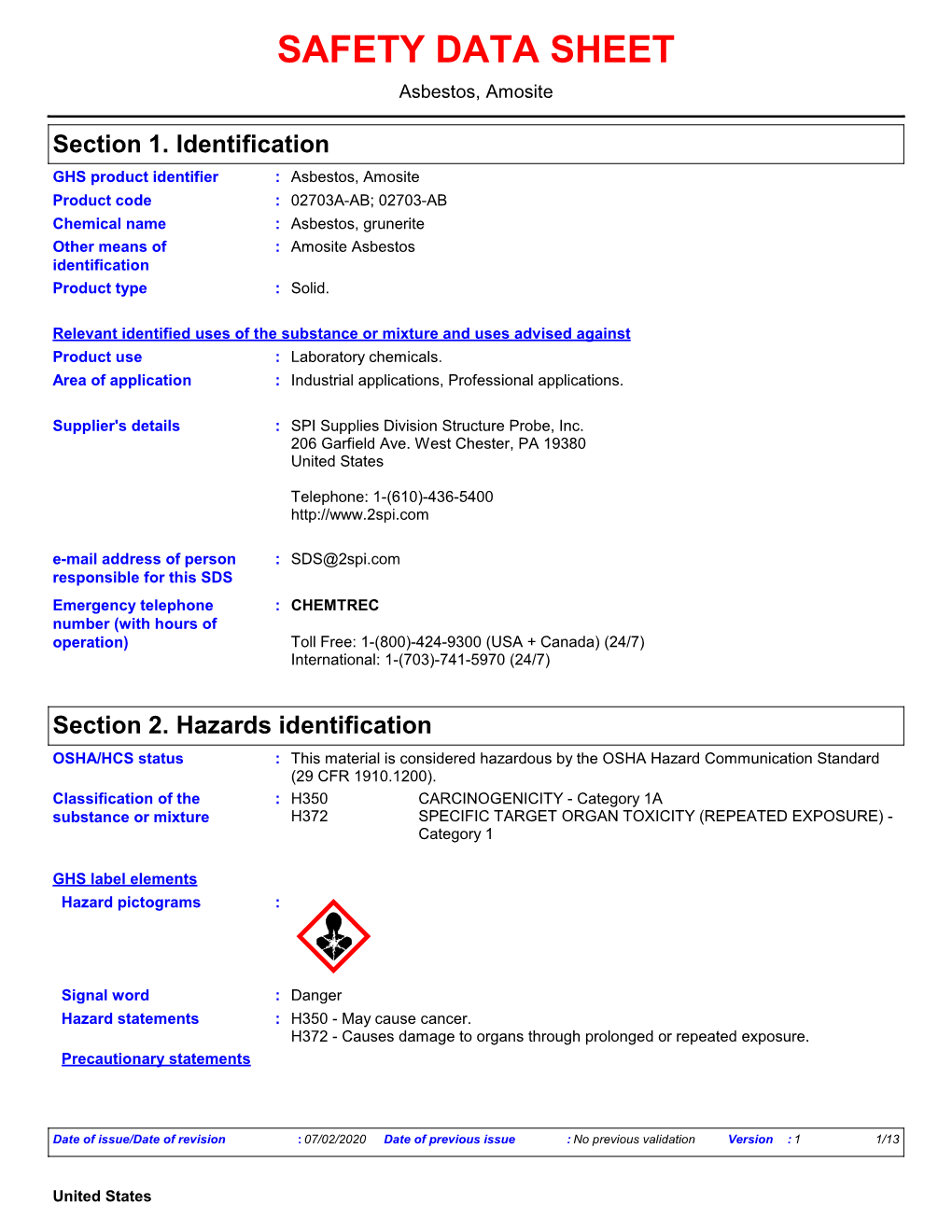 SAFETY DATA SHEET Asbestos, Amosite