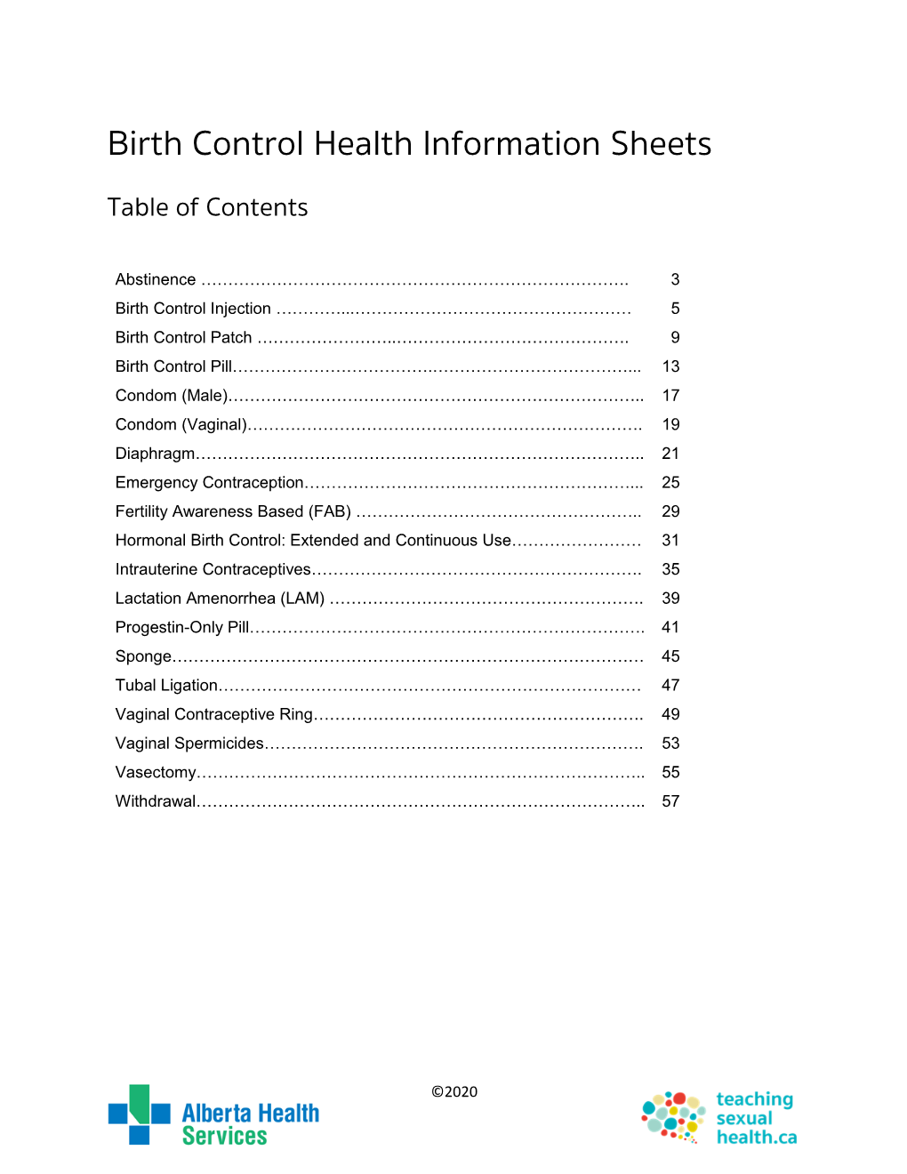 Birth Control Health Information Sheets