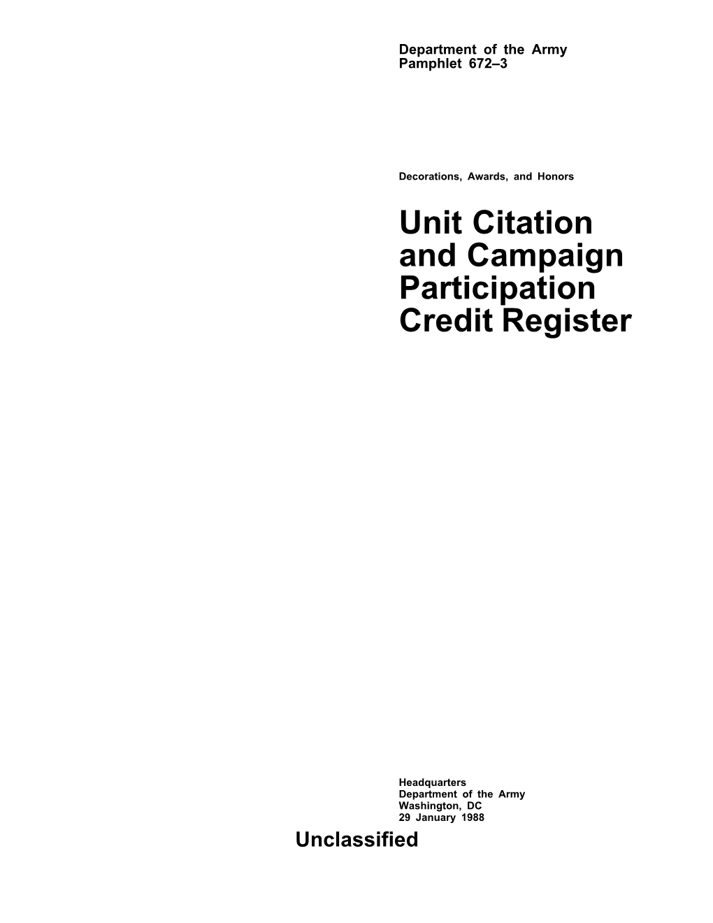 Decorations, Awards, and Honors Unit Citation and Campaign Participation Credit Register