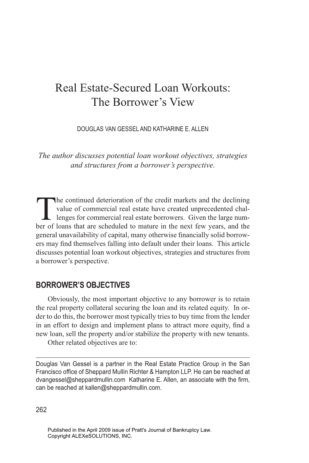 Real Estate-Secured Loan Workouts: the Borrower's View