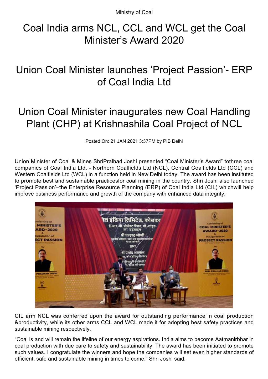 Coal India Arms NCL, CCL and WCL Get the Coal Minister's Award 2020 Union Coal Minister Launches