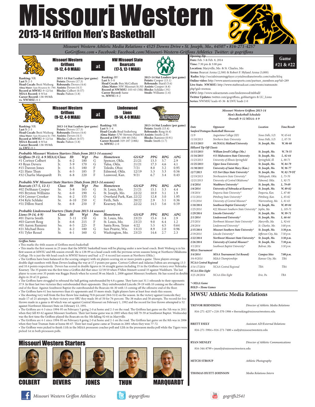 Missouri Western 2013-14 Griffon Men’S Basketball Missouri Western Athletic Media Relations • 4525 Downs Drive • St