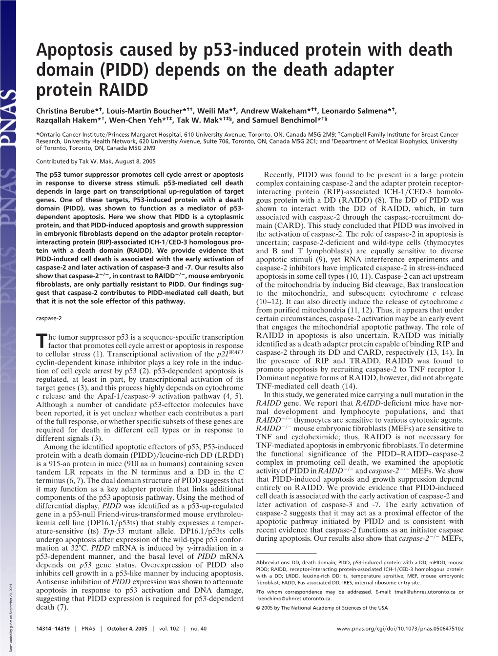 Apoptosis Caused by P53-Induced Protein with Death Domain (PIDD) Depends on the Death Adapter Protein RAIDD