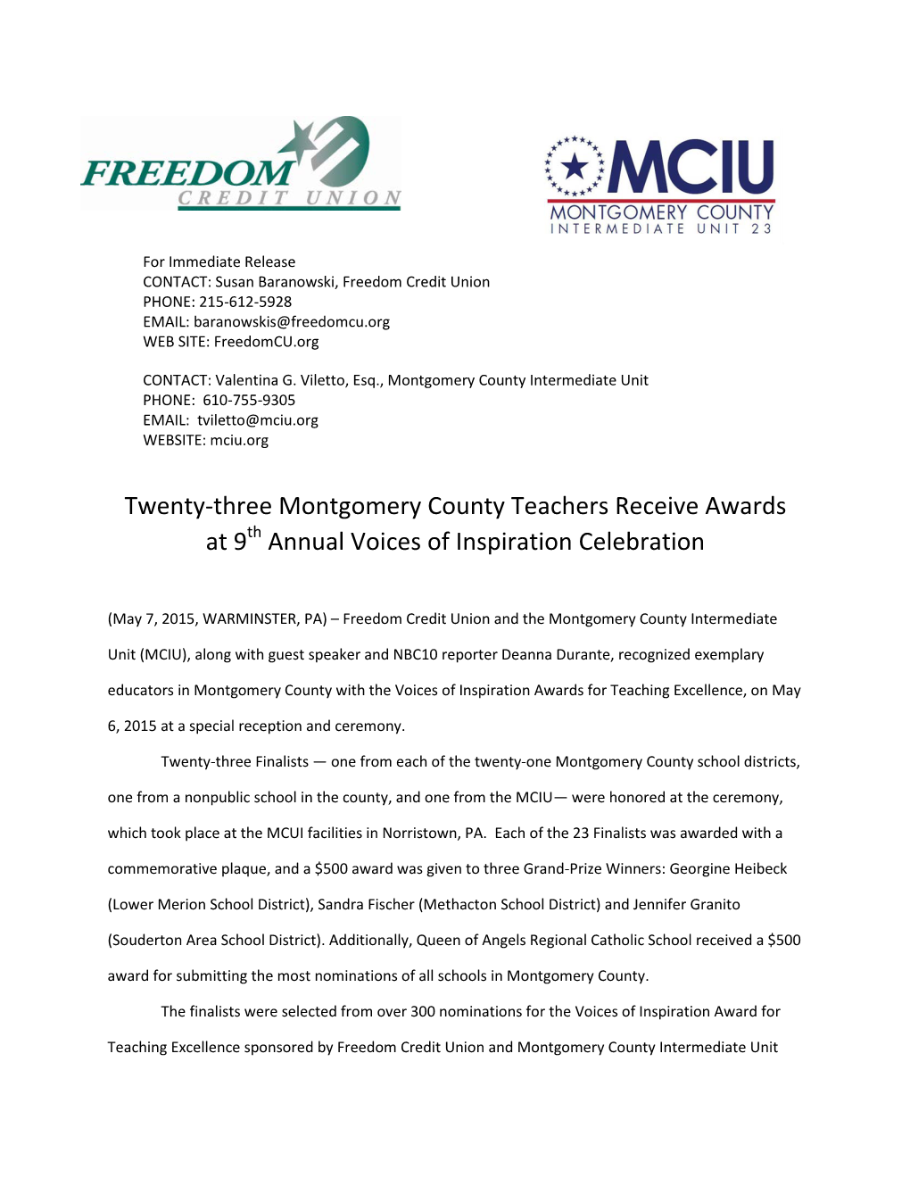 Twenty-Three Montgomery County Teachers Receive Awards at 9Th Annual Voices of Inspiration Celebration