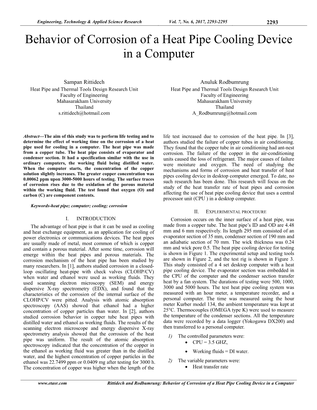 Behavior of Corrosion of a Heat Pipe Cooling Device in a Computer