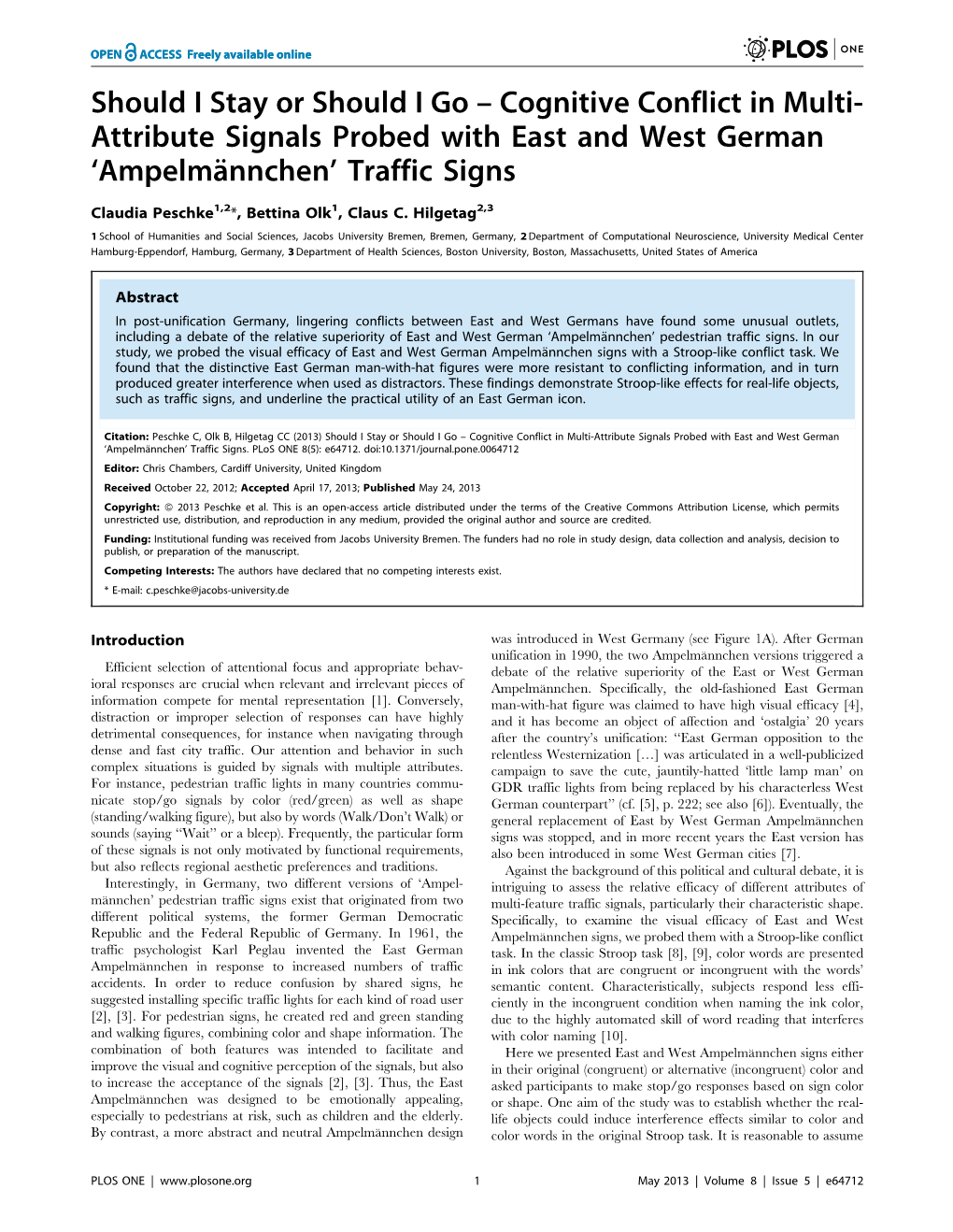Cognitive Conflict in Multi- Attribute Signals Probed with East and West German ‘Ampelma¨Nnchen’ Traffic Signs