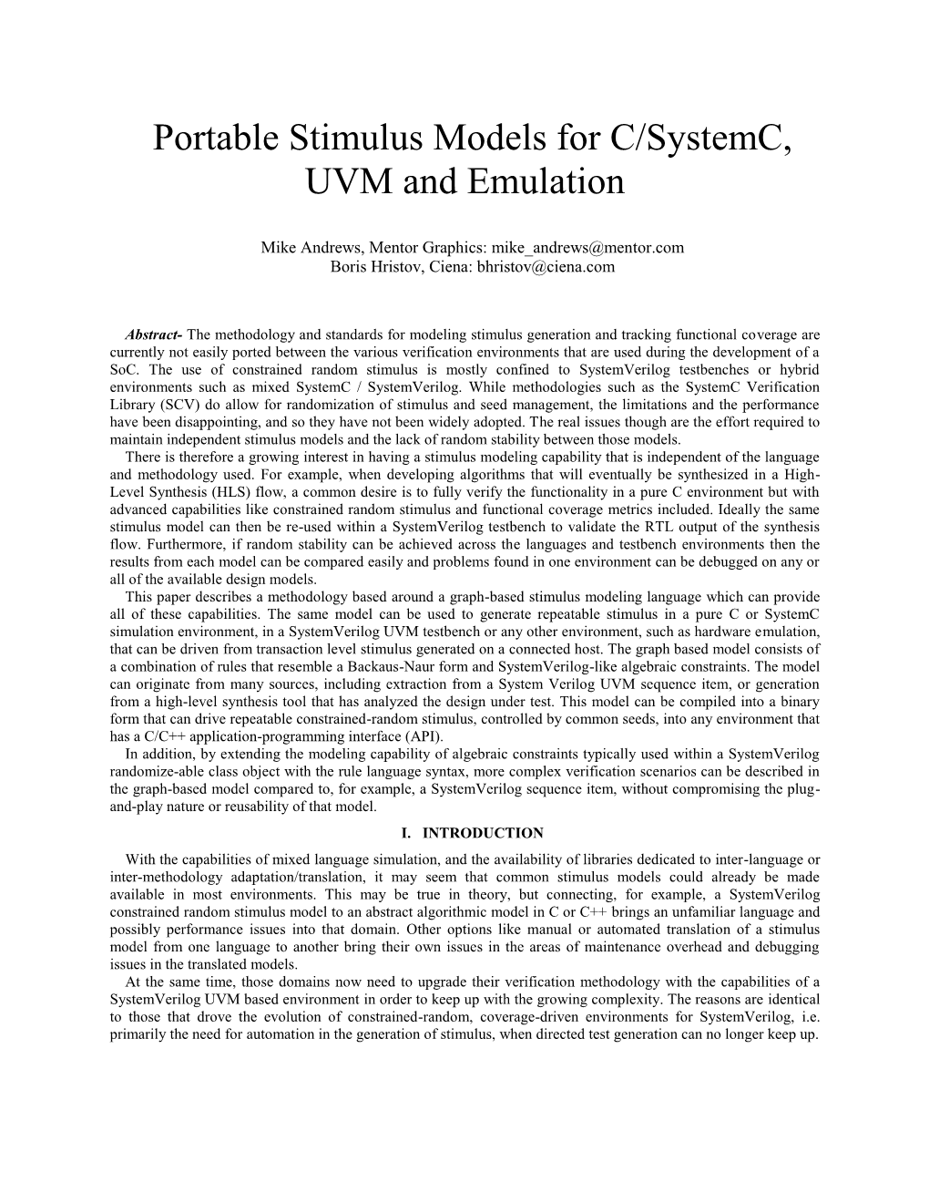 Portable Stimulus Models for C/Systemc, UVM and Emulation