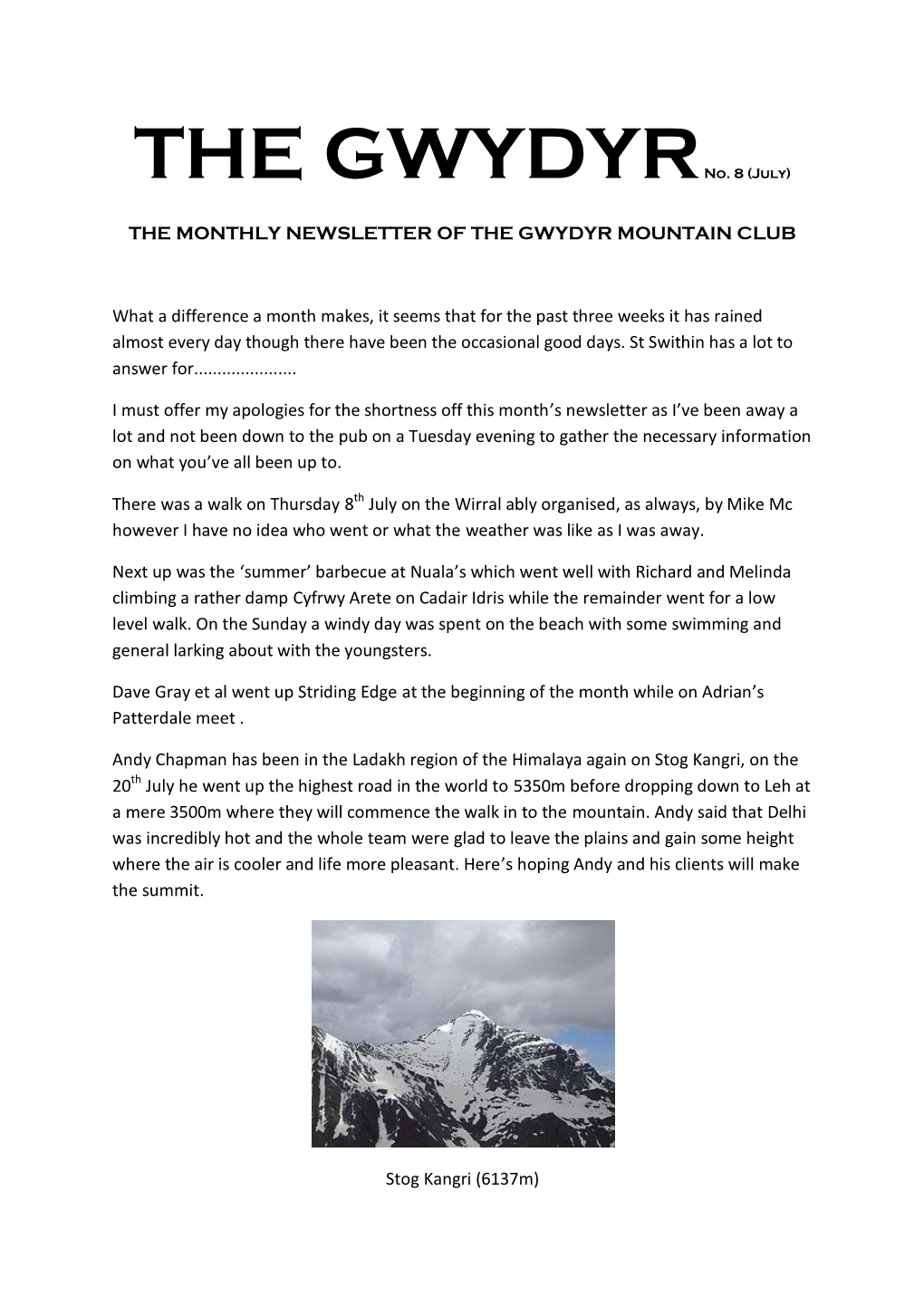 The Monthly Newsletter of the Gwydyr Mountain Club