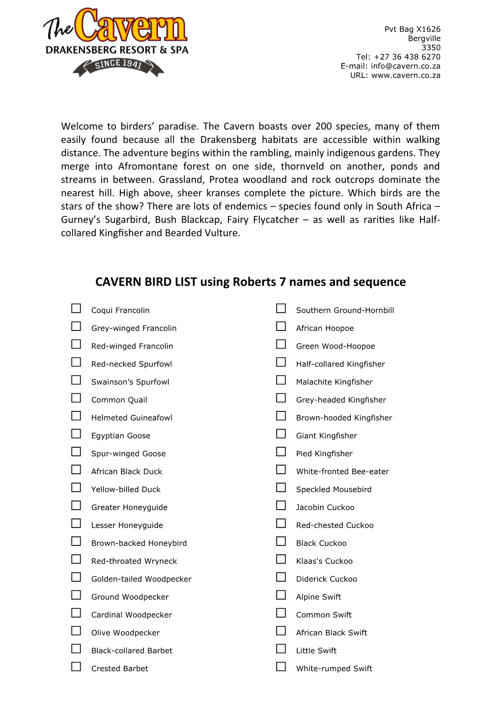 CAVERN BIRD LIST Using Roberts 7 Names and Sequence