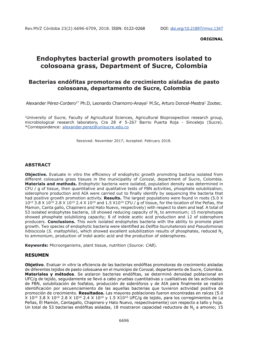 Endophytes Bacterial Growth Promoters Isolated to Colosoana Grass, Department of Sucre, Colombia