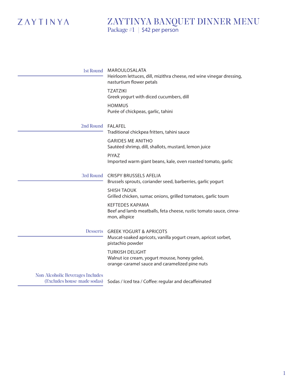 ZAYTINYA BANQUET DINNER MENU Package #1 | $42 Per Person